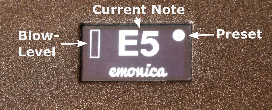 OLED-Anzeige mit Blow-Level, aktueller Note und Preset