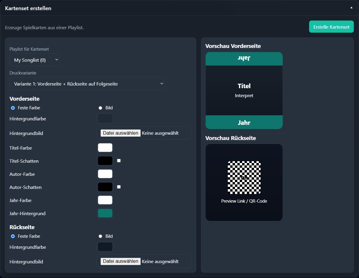 KnowTune-Generator: Einstellungen für Vorder- und Rückseite mit Kartenvorschau und QR-Code