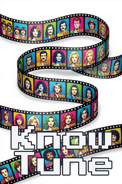 KnowTune-Logo: Filmstreifen mit bunten Musiker-Porträts und Jahreszahlen